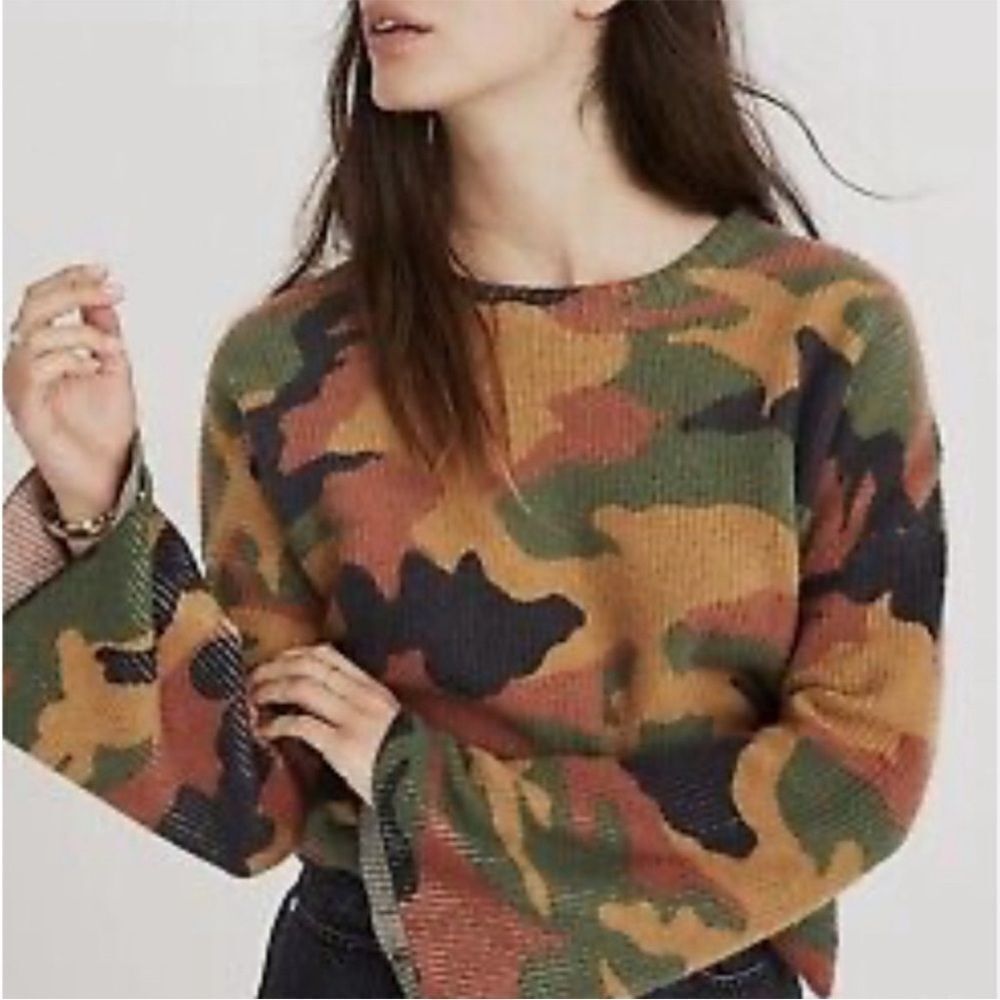 Madewell Cottontail Camouflage Pullover Cropped Wide Sleeve Sweater Boho